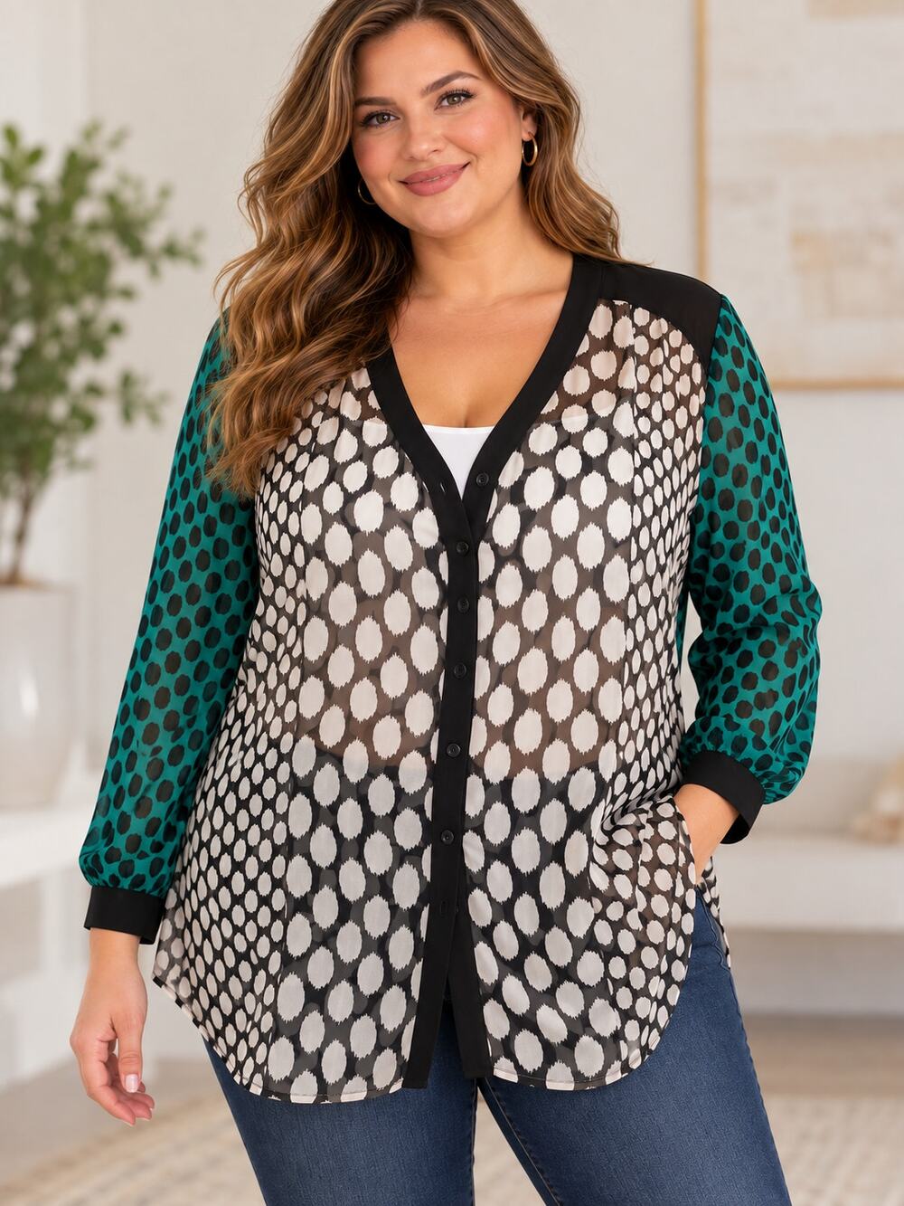 Chico’s Size 4 + 2X Semi-Sheer Mixed Print Button Front Blouse Black Green White